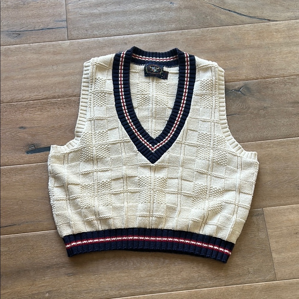 Chic Beige and Blue V-Neck Sweater Vest